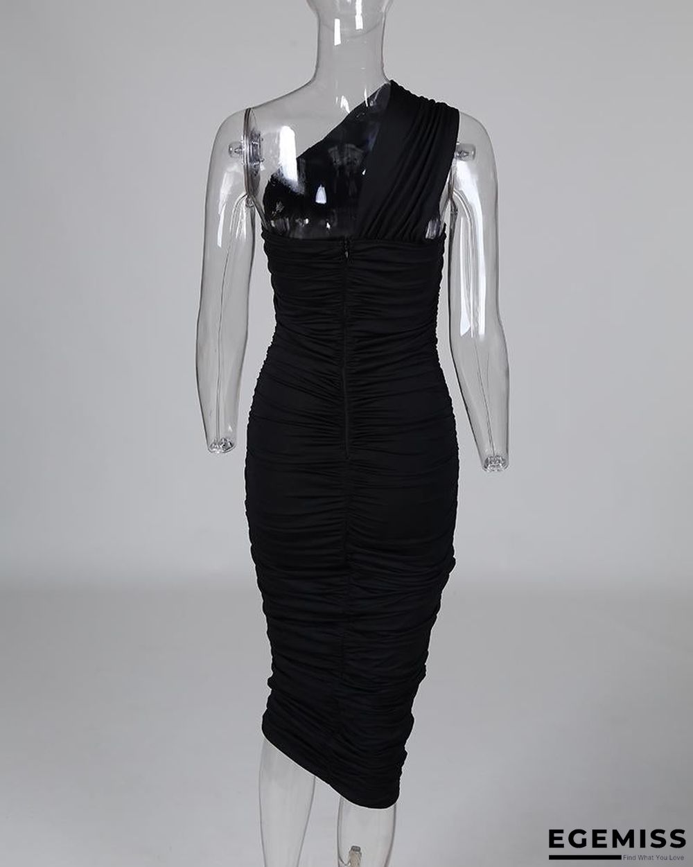 One Shoulder Sleeveless Ruched Bodycon Dress Black Dresses | EGEMISS