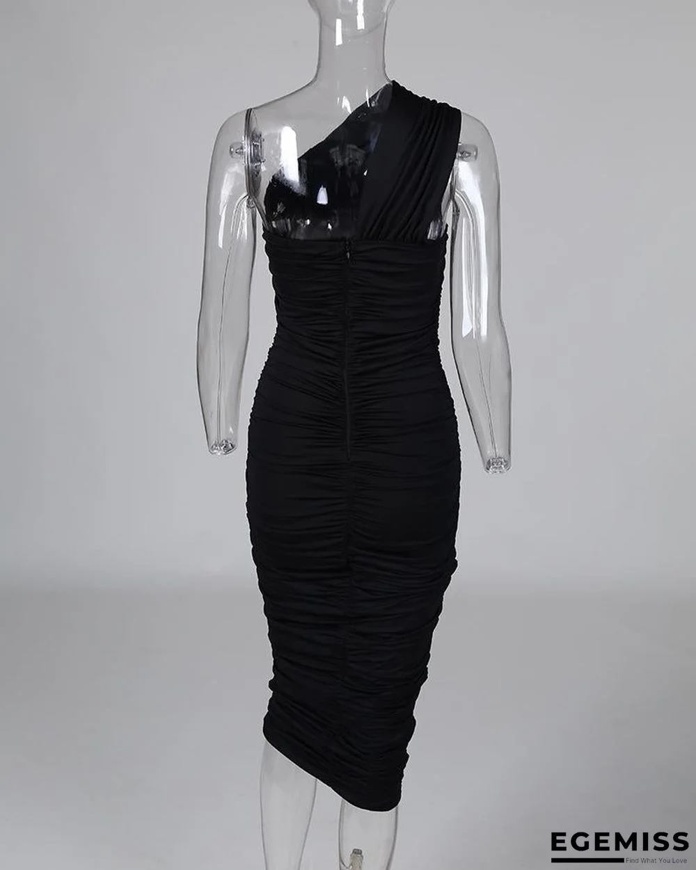 One Shoulder Sleeveless Ruched Bodycon Dress Black Dresses | EGEMISS