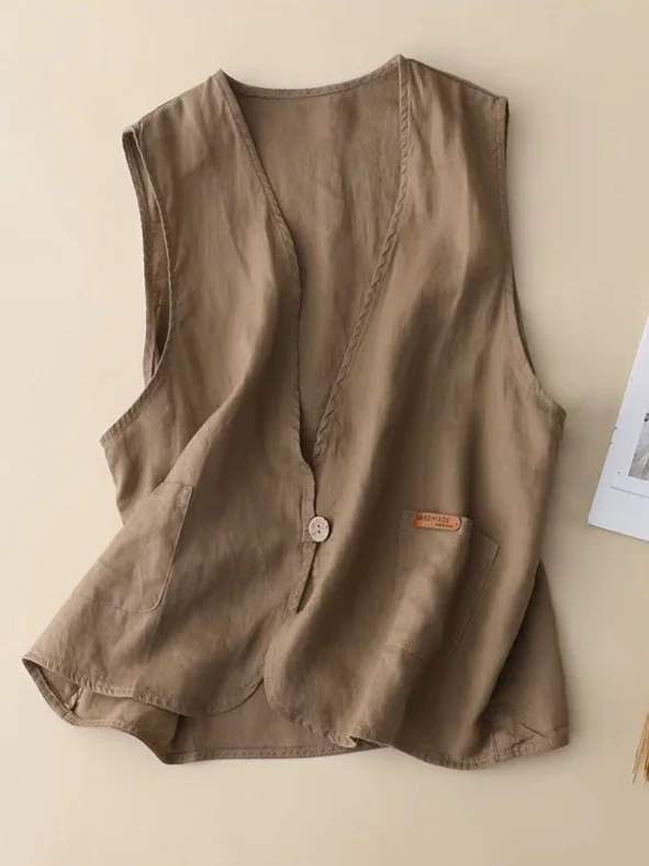 Women's Casual Pocket Linen Solid Color Vest