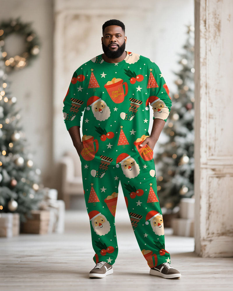 Big & Tall Men's Santa Claus Cartoon Green Print Long Sleeve T-Shirt Pants Set