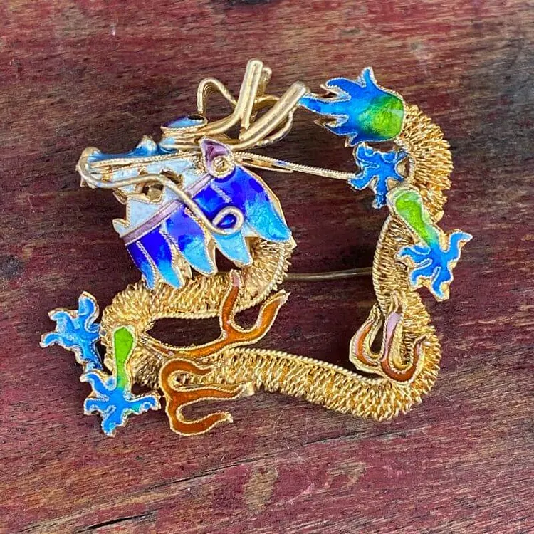 Chinese Export Gold Washed Silver Dragon Pin with Cloisonn&eacute; Enamel