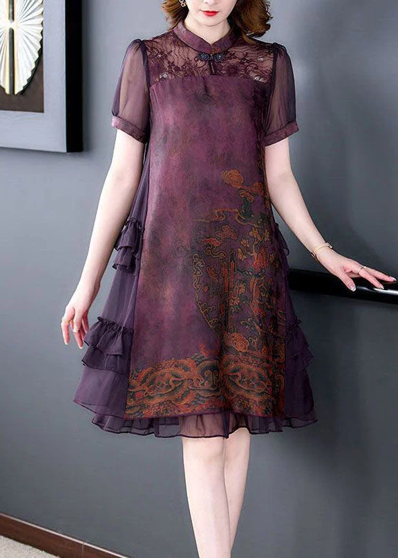 Chinese Style Red Stand Collar Patchwork Ruffles Silk Dress Summer
