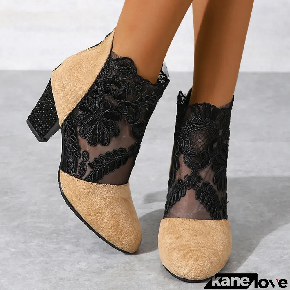 Lace Split Joint Chunky Heel Sandals Boots with Back Zip