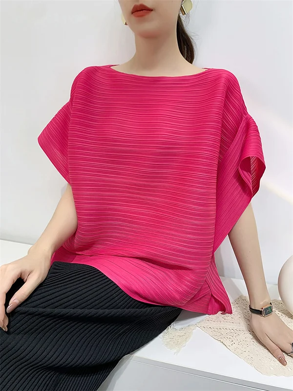 Batwing Sleeves Loose Pleated Solid Color Round-Neck T-Shirts Tops
