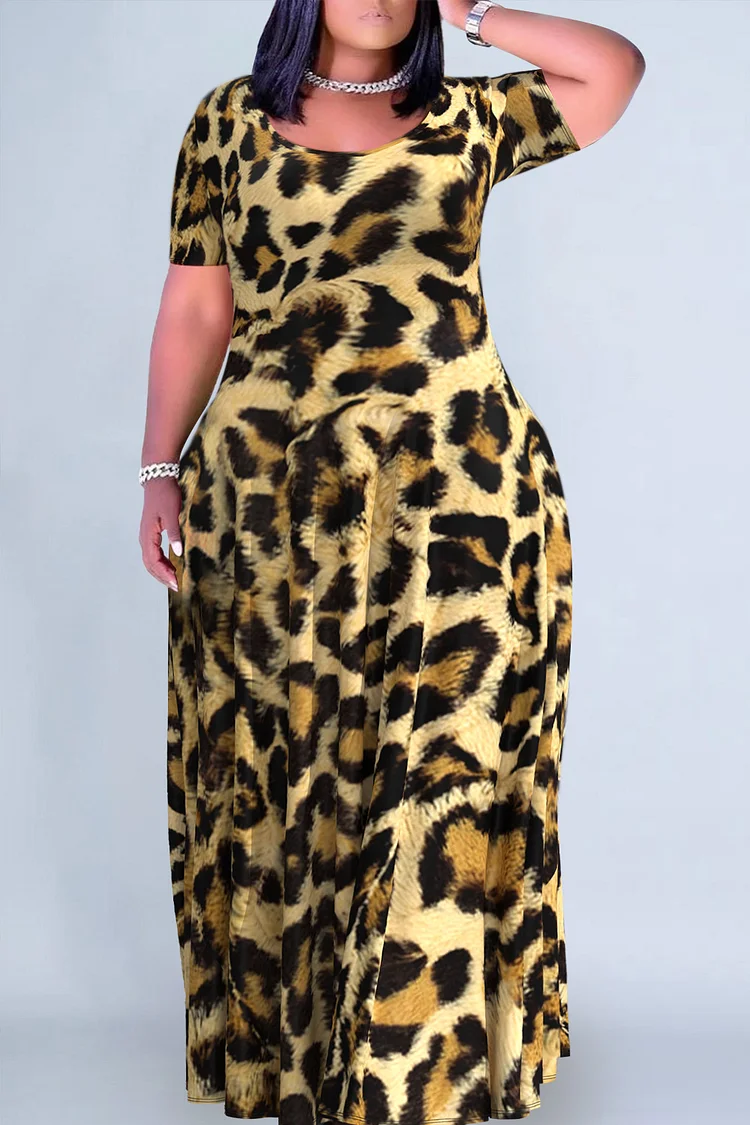 Plus Size Casual Khaki Leopard Print Round Neck Short Sleeve Maxi Dress 
