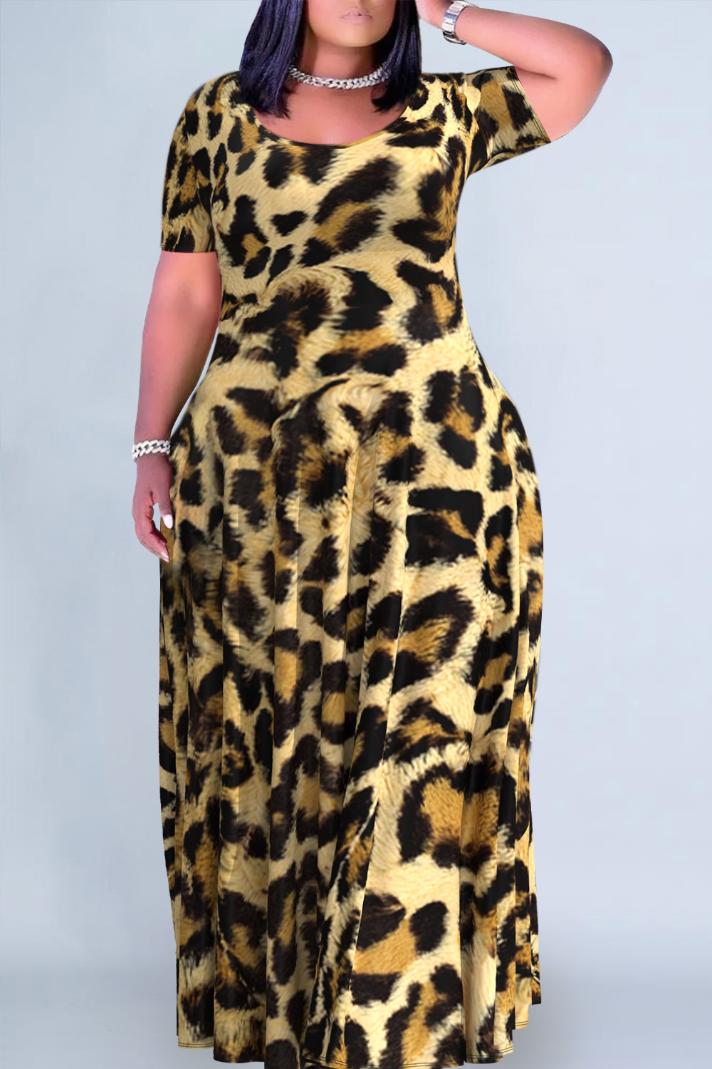 Plus Size Casual Khaki Leopard Print Round Neck Short Sleeve Maxi Dress [Pre-Order]
