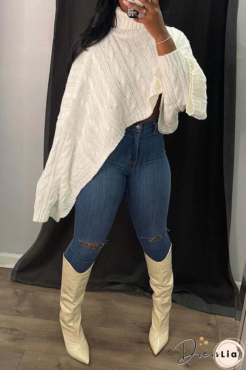 Solid Color Turtleneck Bat Sleeve Sweater Crop Top