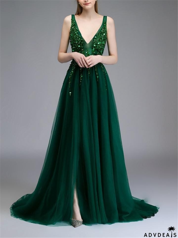 Sequined Beaded Backless Tulle Trendy Prom Dresses