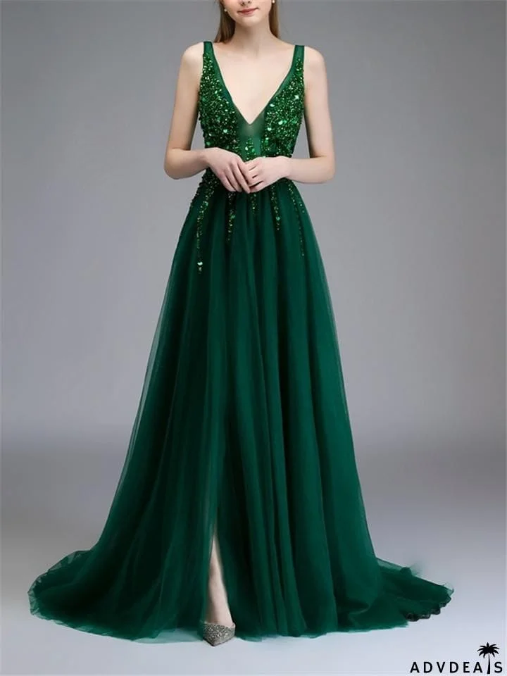 Sequined Beaded Backless Tulle Trendy Prom Dresses