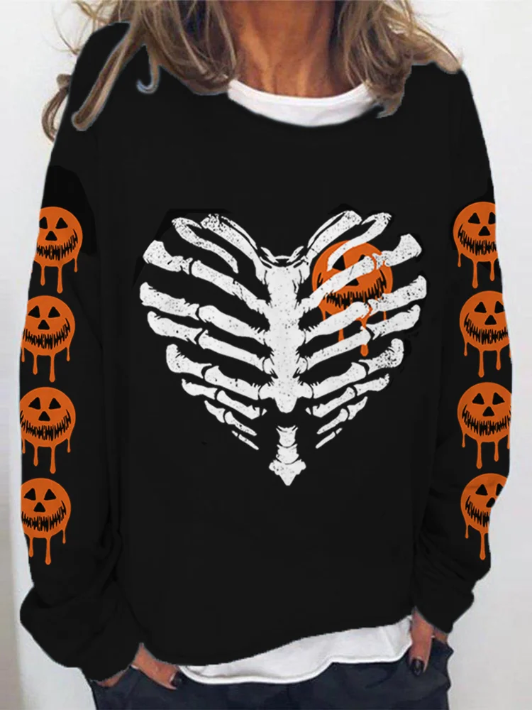 Halloween Heart Skeleton And Pumpkin Skull Face Print Sweatshirt