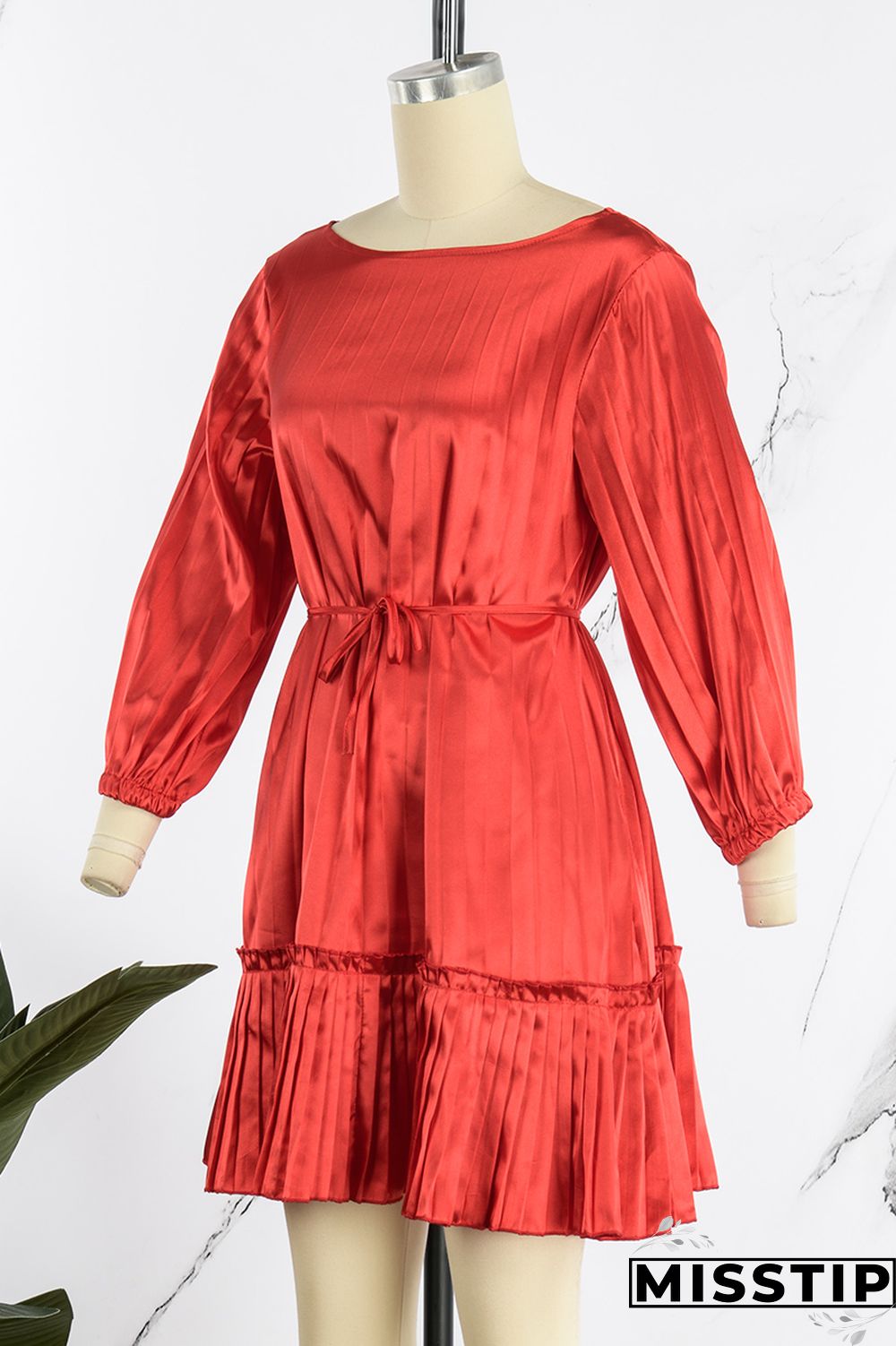 Black Casual Solid Patchwork Fold O Neck Pleated Dresses