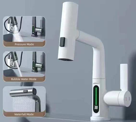 Smart digital display faucet for basin  with a 360-degree rotating pull-out and adjustable height feature. 