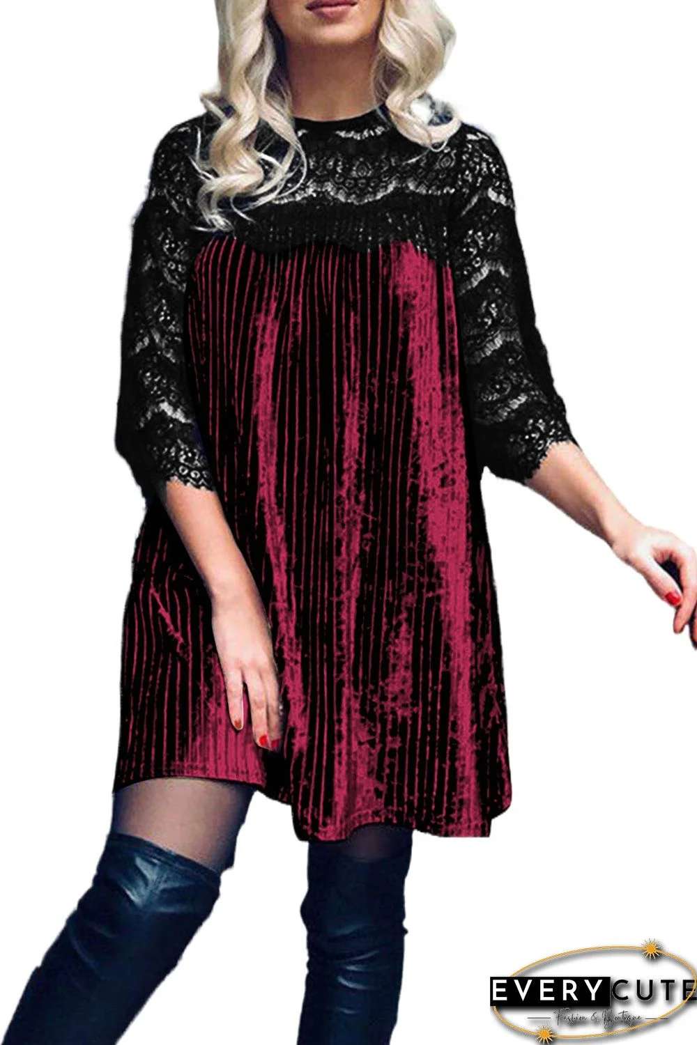 Burgundy Lace Patch 3/4 Sleeve Pleated Velvet Dress