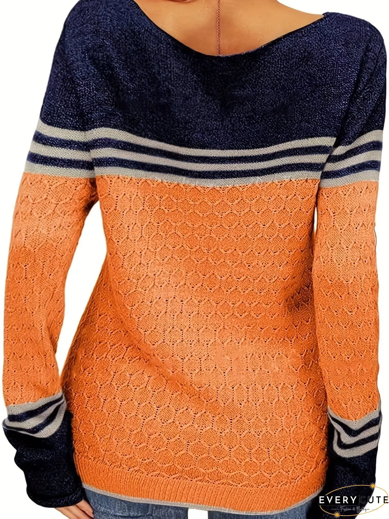 Casual Stylish Boat Neck Color Block Long Sleeve Sweater