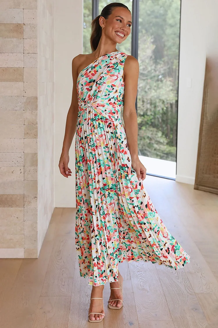 Pleated One Shoulder Boat Neck Floral Print A-line Vacation Maxi Dresses