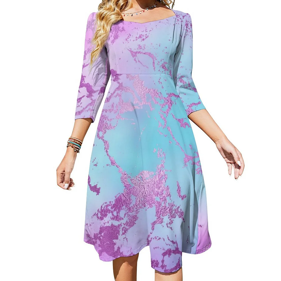 Glitzy Marble Girly Glam Pink Blue Purple Ombre Dress Sweetheart Tie Back Flared 3/4 Sleeve Midi Dresses