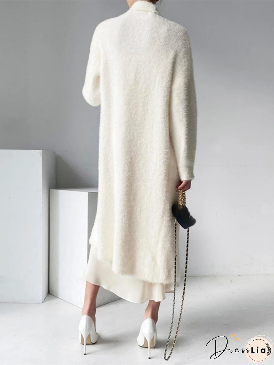 Long Length Fuzzy Knit Cardigan, Casual Open Front Long Sleeve Sweater, Women's Clothing