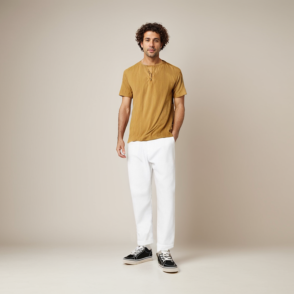 T-shirt simple à col rond pour hommes, 100 % lin européen- SOIE PLUS