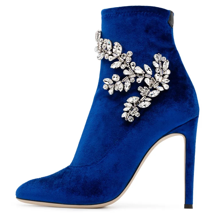Royal Blue Velvet Boots Rhinstone Embellished Heeled Booties |FSJ Shoes