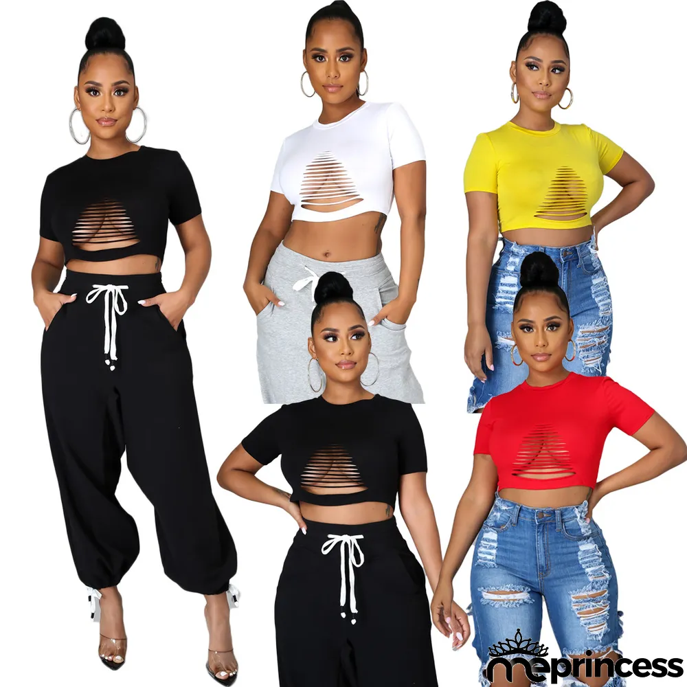 Solid Short Sleeve Hollow Out Cropped T Shirt