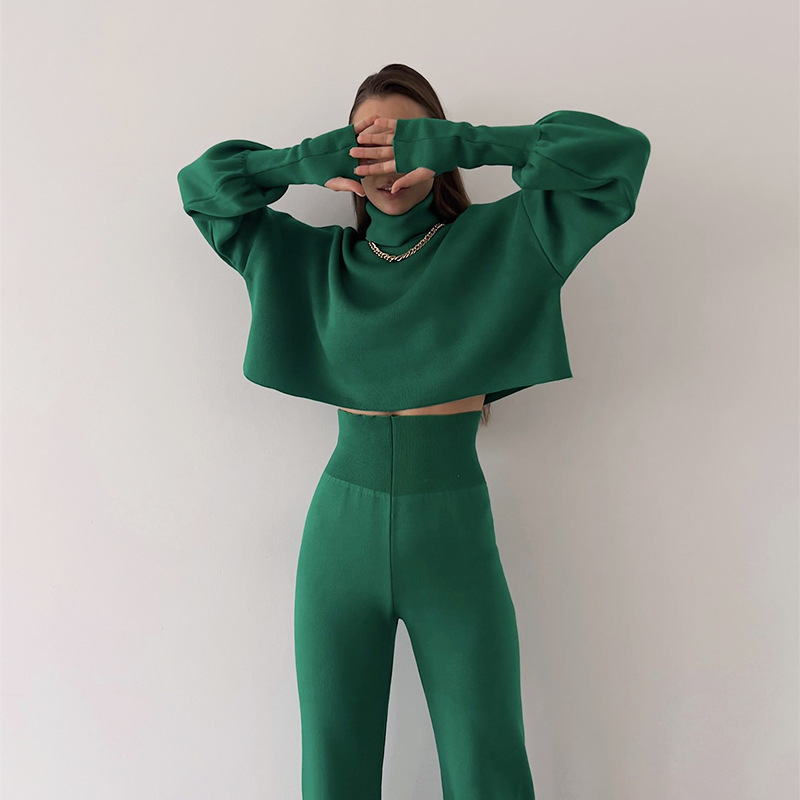 Ootddress Turtleneck Two Piece Outfits For Women Lantern Sleeve Cropped Top And Straight Leg Pants Sets Tracksuit Casual Outfits