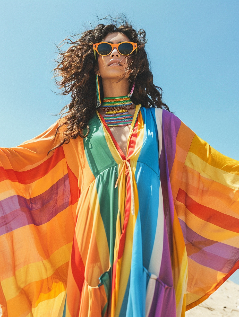 Caftan Rainbow Striped Printed Beach V-Neck Kaftan Dress