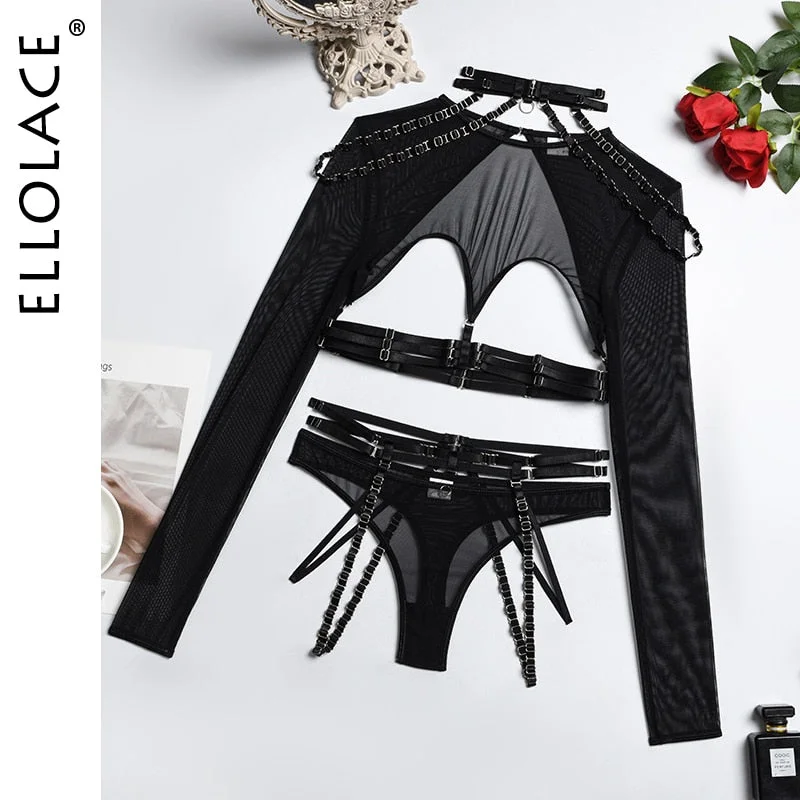 Ellolace Sexy Lingerie Sexual Costume Cut Out Porn Transparent Exotic t-Shirts Gothic Sensual Accessories 4-Piece Garter Belt