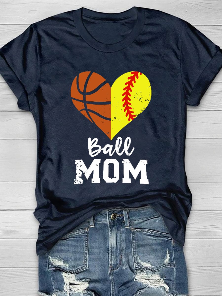 Heart Ball Mom Print Short Sleeve T-Shirt