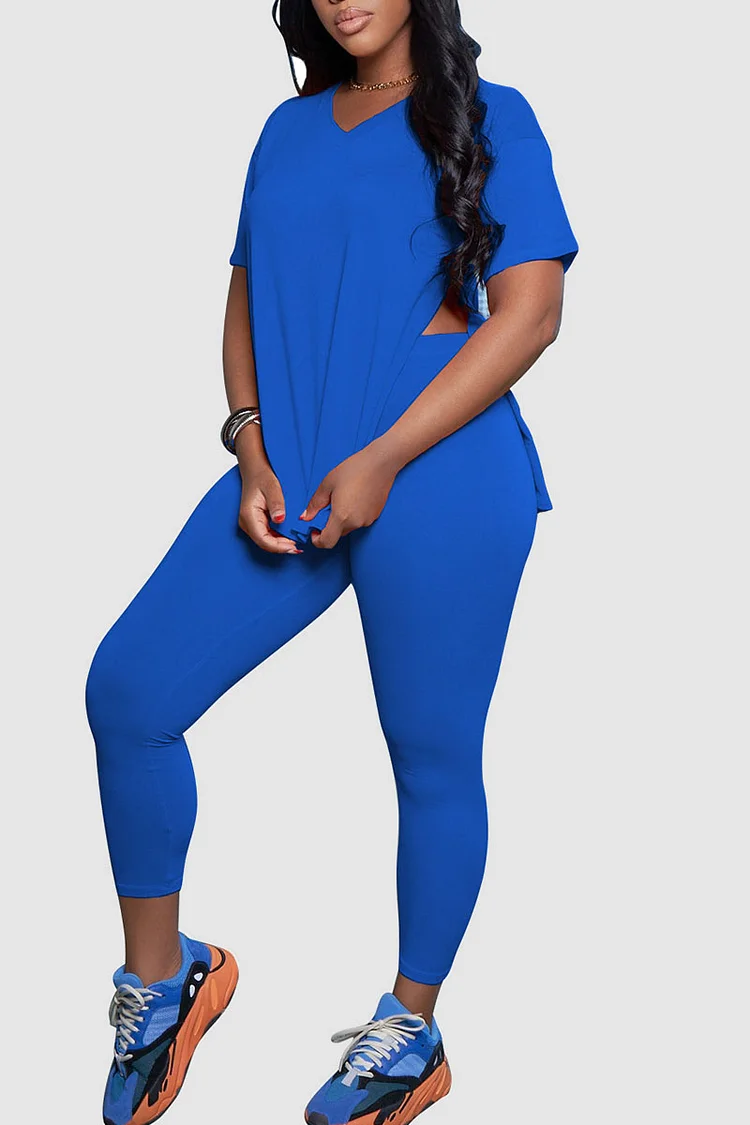 Blue Casual Solid Split Joint Slit V Neck Short Sleeve Two Pieces