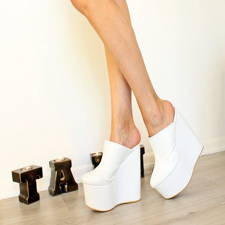 White Platform Wedge Heels Mule Pumps |FSJ Shoes