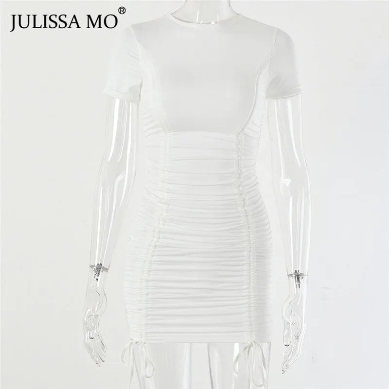 JULISSA MO White Drawstring Ruched Summer Dress Women Sexy Skinny Bodycon Bandage Dress New Casual Short Sleeve Mini Dresses