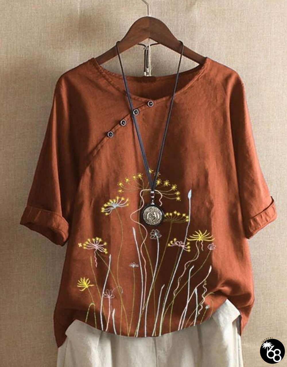 Women's Loose Vintage Linen Cotton Floral Print Plus Size T-Shirt | 168DEAL