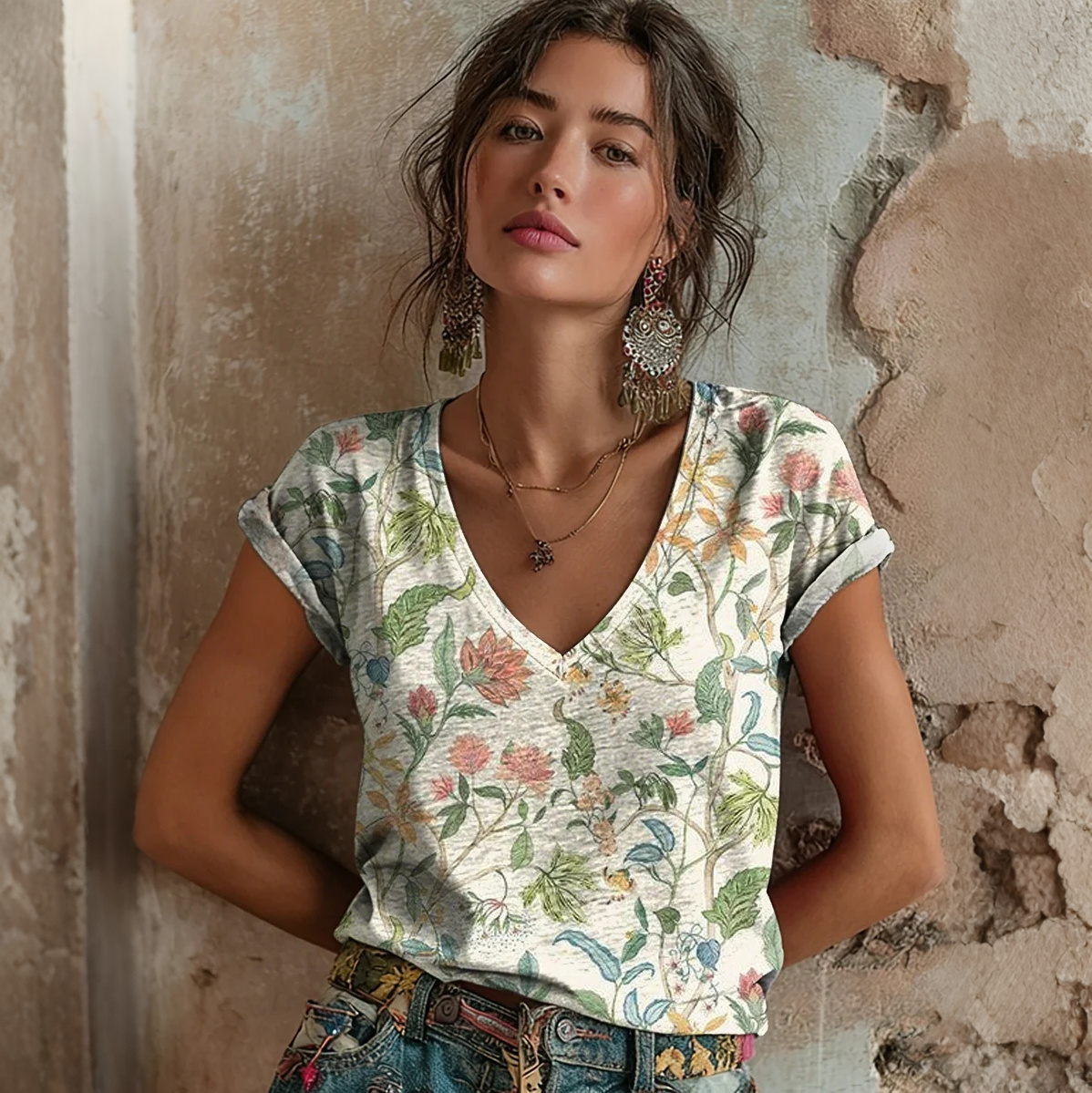 Comstylish Women's Vintage Floral Print V-neck Short Sleeve T-shirt