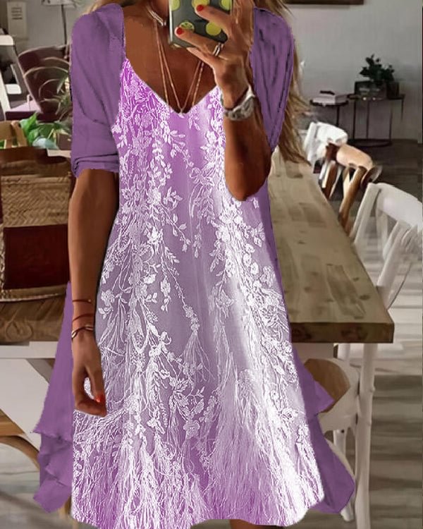 Fake Two Piece Waisted Round Neck Chiffon Coat Dress
