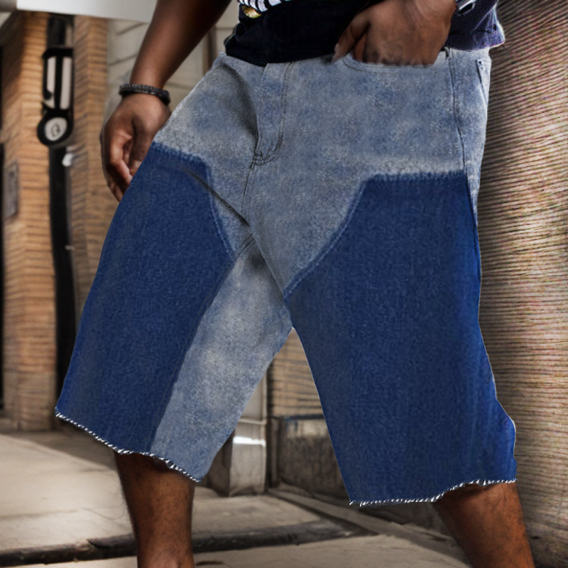 Men's Retro Color Block Spliced ​​denim Shorts Brushed Washed Jorts Lixishop 