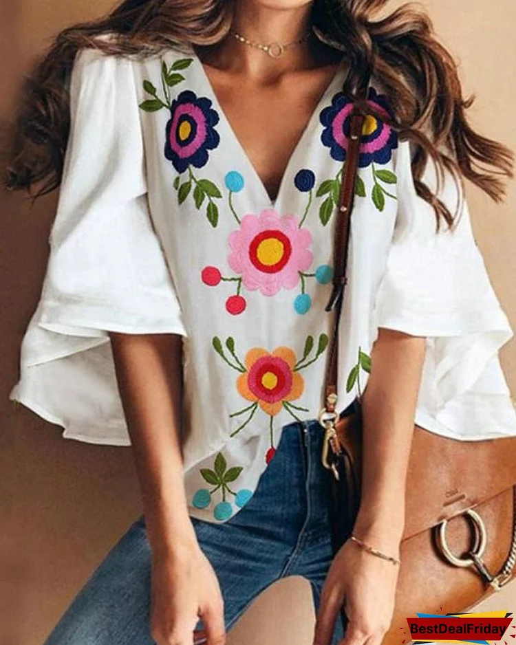 Bell Sleeve Floral Printed V Neck Sweet Blouses Tops