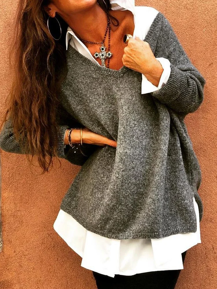 Plus Size Casual V Neck Solid Long Sleeve Sweater
