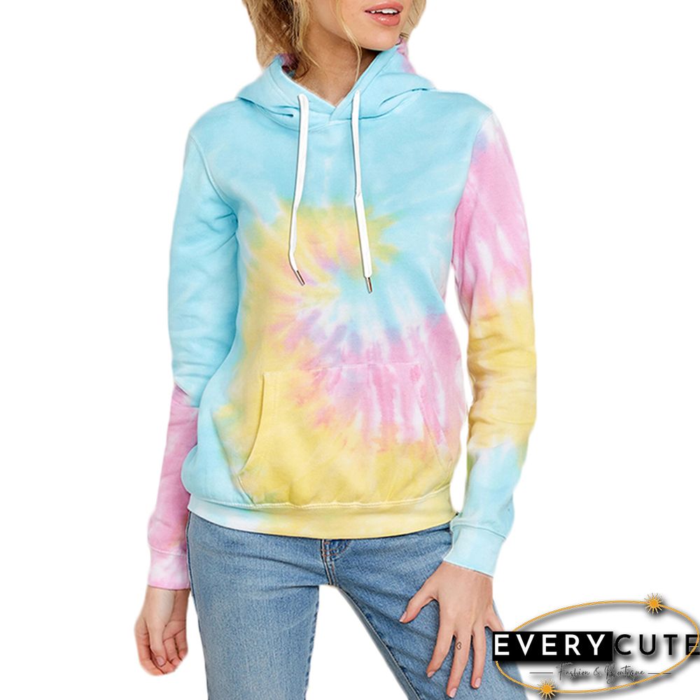 Light Blue Tie Dye Print Drawstring Hoodie