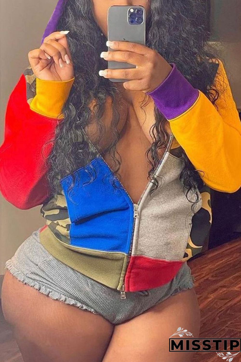 Camouflage Casual Camouflage Print Patchwork Hooded Collar Outerwear