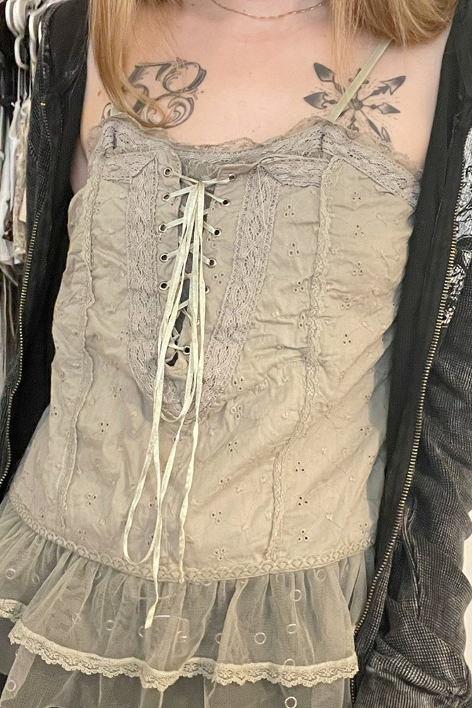 Eyelet Lace Cross Ribbon Mesh Hem Retro Cami Tank Top
