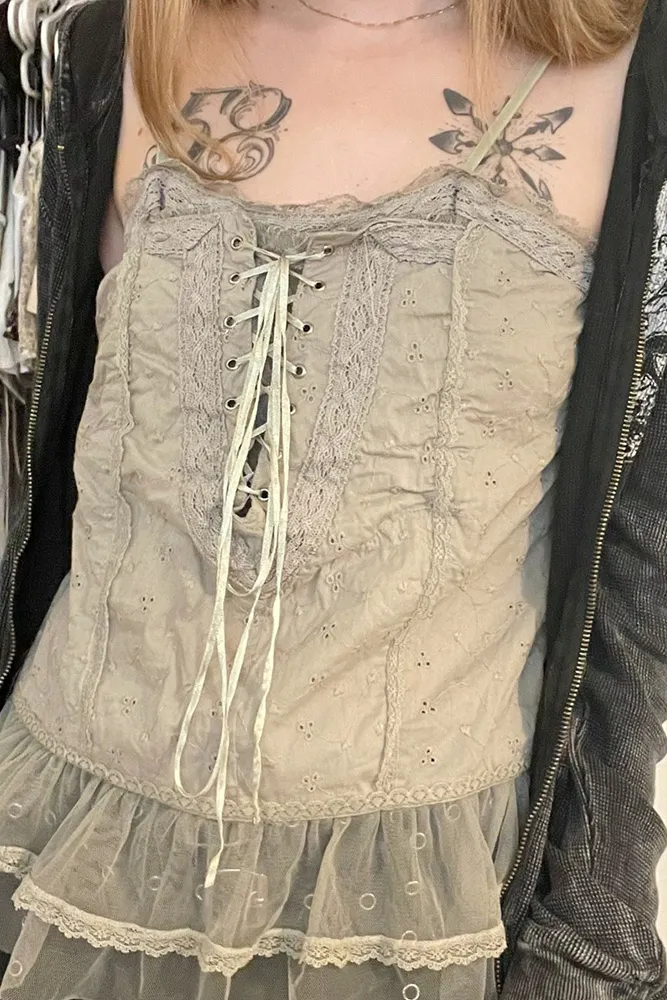 Eyelet Lace Cross Ribbon Mesh Hem Retro Cami Tank Top
