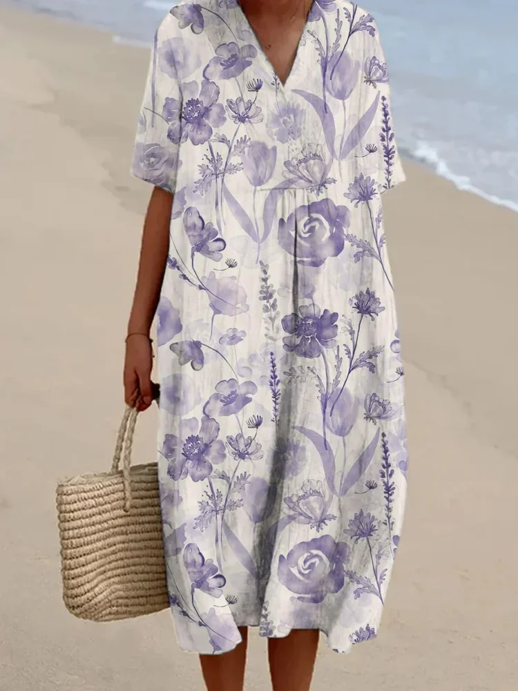 Watercolor Rose Print Women's Linen V-Neck Long Dresses