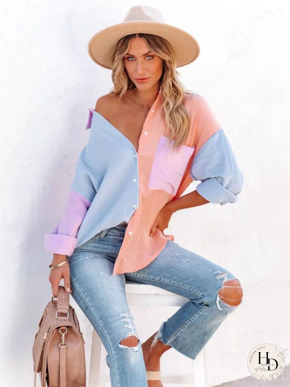 Summer New Long-sleeved Shirt Women's Contrast Color Stitching Off-the-shoulder Cardigan Shirt Fashion Casual Women's Clothing