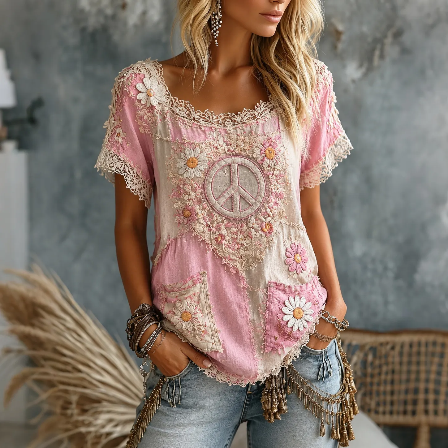 Comstylish Women's Floral Peace Art Printing Casual Short Sleeve T-shirt