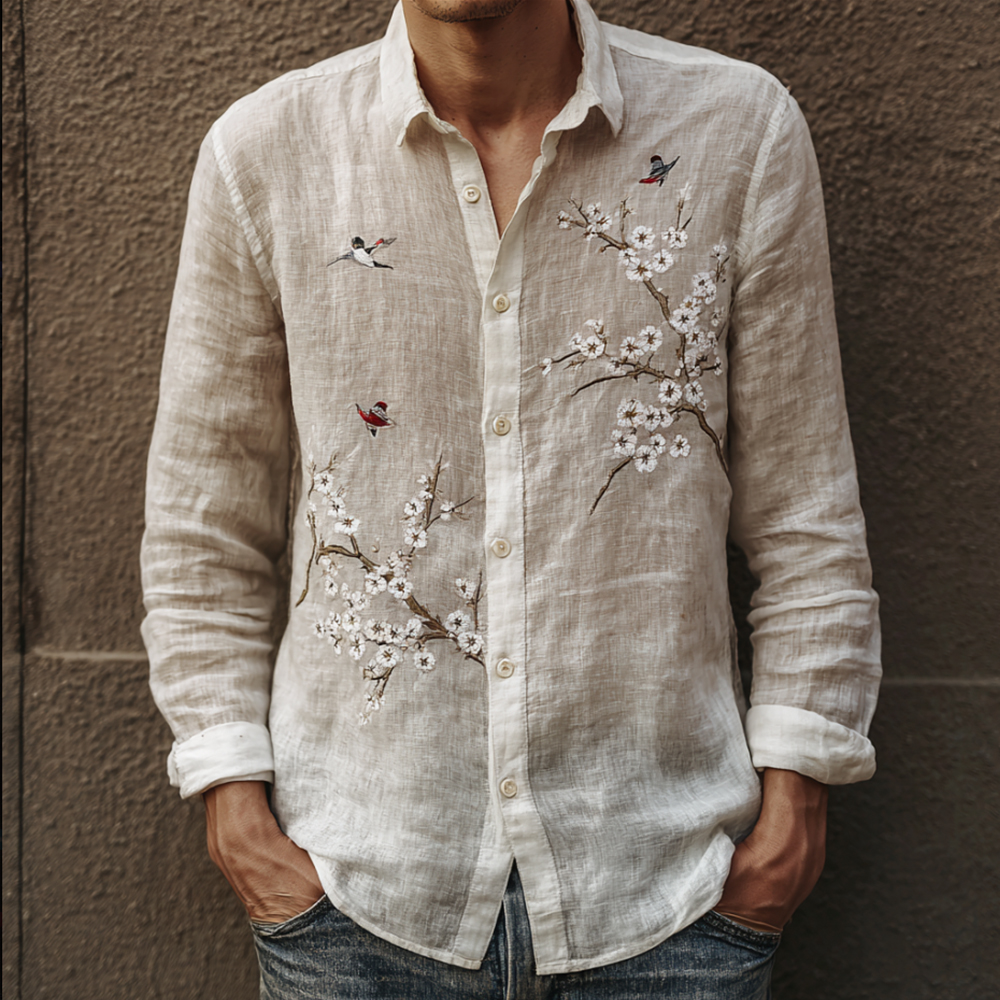 Men's Japanese Cherry Blossom And Little Bird Vintage White Button-down Shirt  artssus