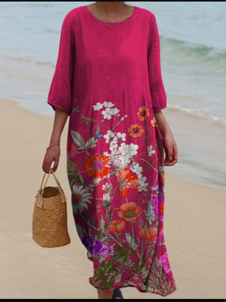 Women's 3/4 Sleeve Scoop Neck Graphic Printed Midi Dress