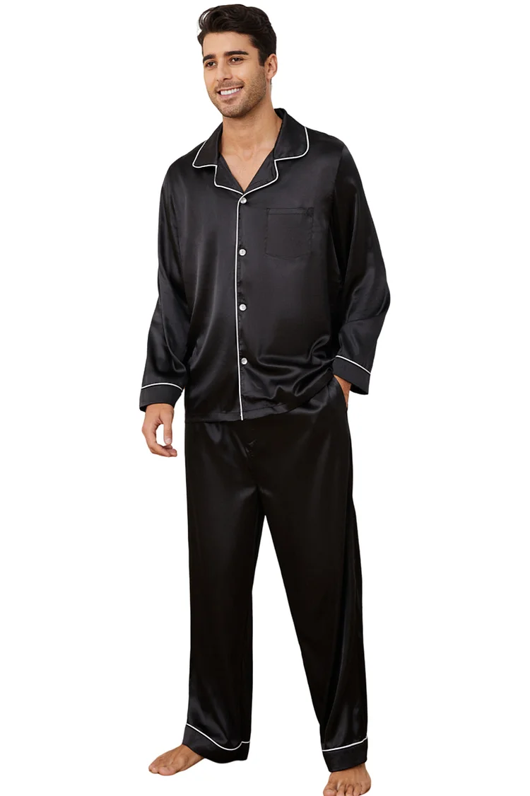 Vulcanodon Mens Silk Pajamas Set, Long Sleeve Satin Pajamas for Men Sleepwear Button Down Pjs Set Two-piece（Black, Large）