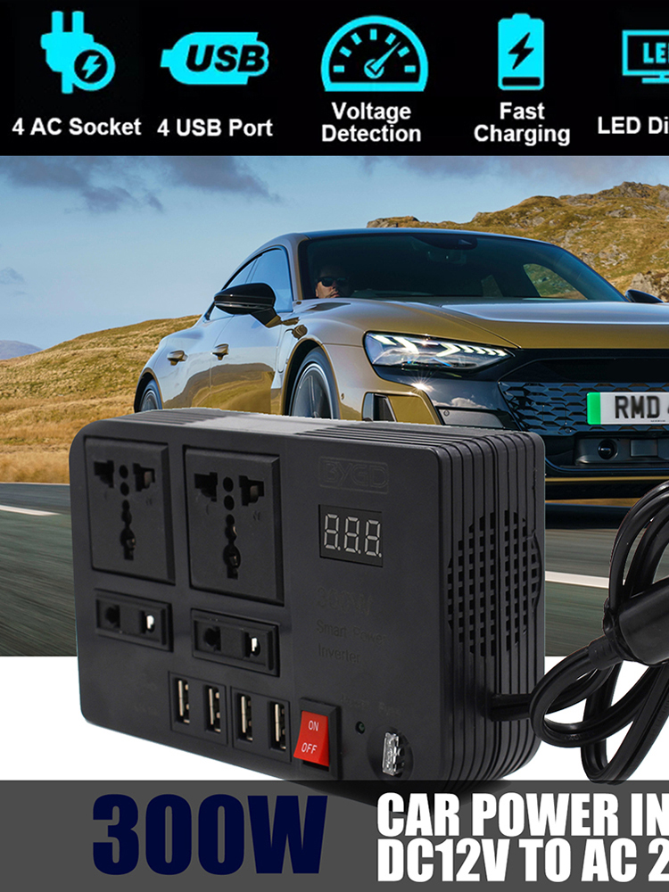 LED Display Car Inverter DC 12V to AC 220V 4 USB Power Converter Splitter