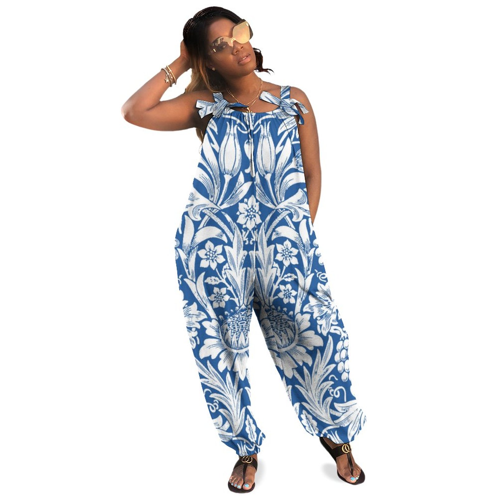 Sunflower Grapes Pattern Women Plus Size Jumpsuit Summer Loose Harem Pants Sleeveless Romper Casual Long Length Polyester Spandex