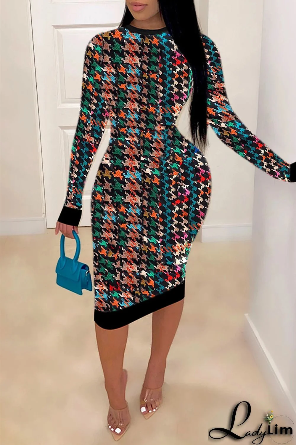 Colour Fashion Casual Print Patchwork Backless O Neck Long Sleeve Plus Size Dresses